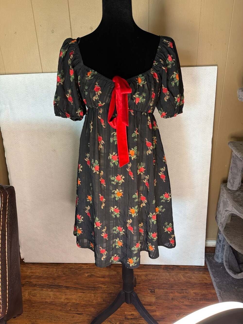 NWT Pretty Garbage Black Floral Babydoll Mini Dress with Red Velvet Bow